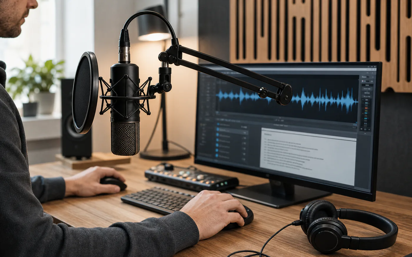 Studio microphone at a restrained workstation for professional voice production