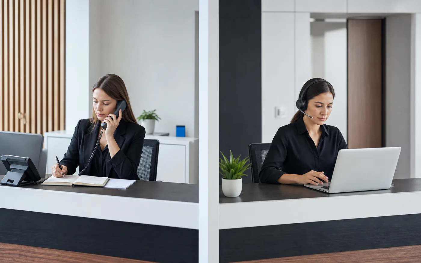 Two parallel workstations for professional phone reception