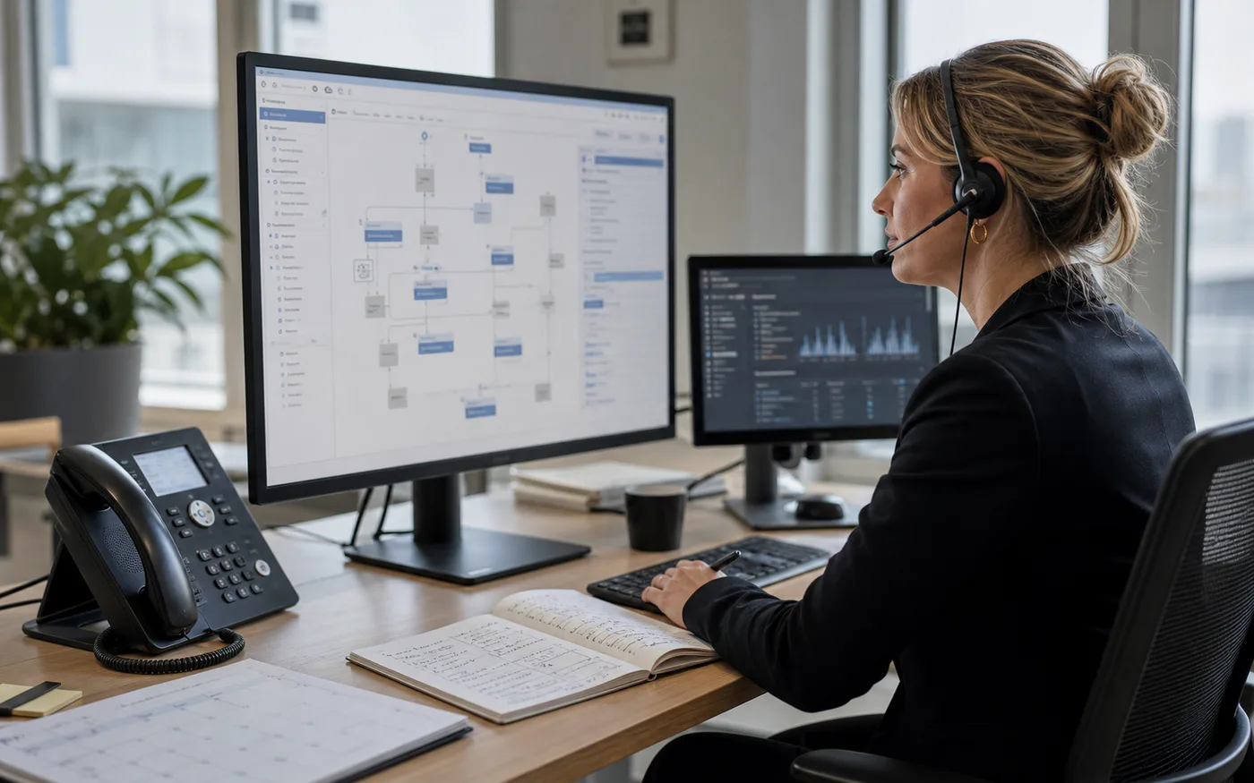 Professional call operations workspace with a headset and structured workflow notes