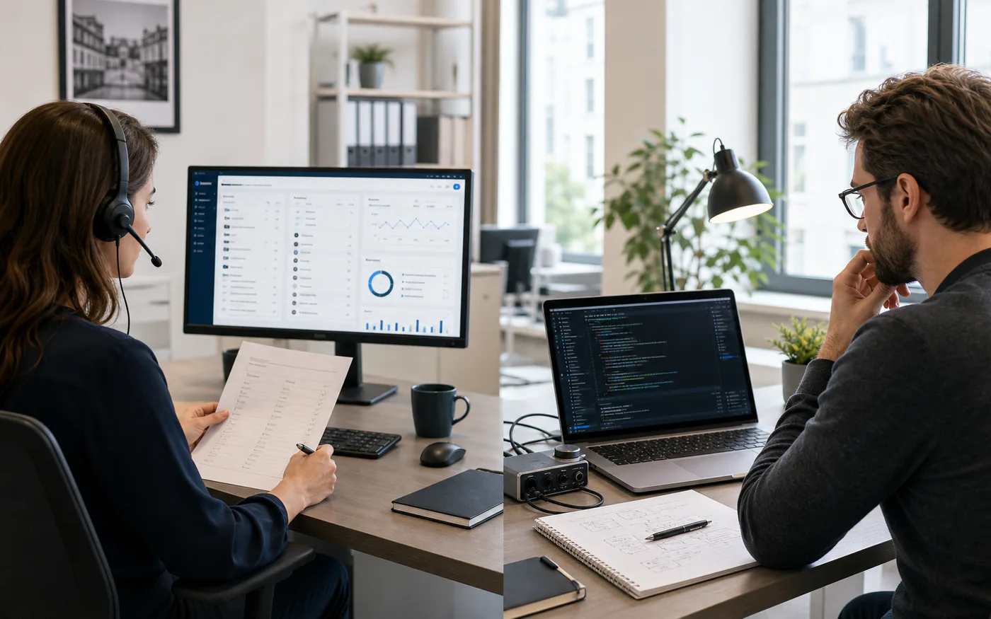 Business workstation beside a technical development setup for a make-or-buy decision