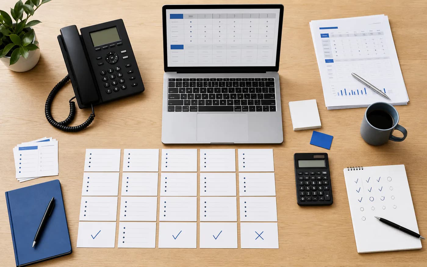 Organized decision workspace with a phone, notes, and comparison cards