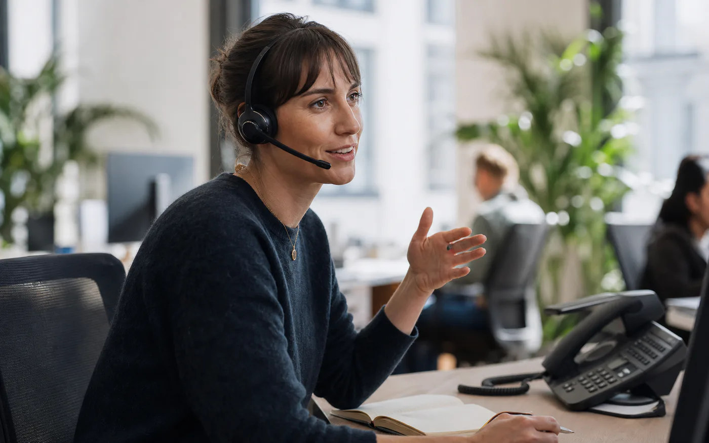 Freundliche Service-Mitarbeiterin in einem natürlichen Telefongespräch mit Headset
