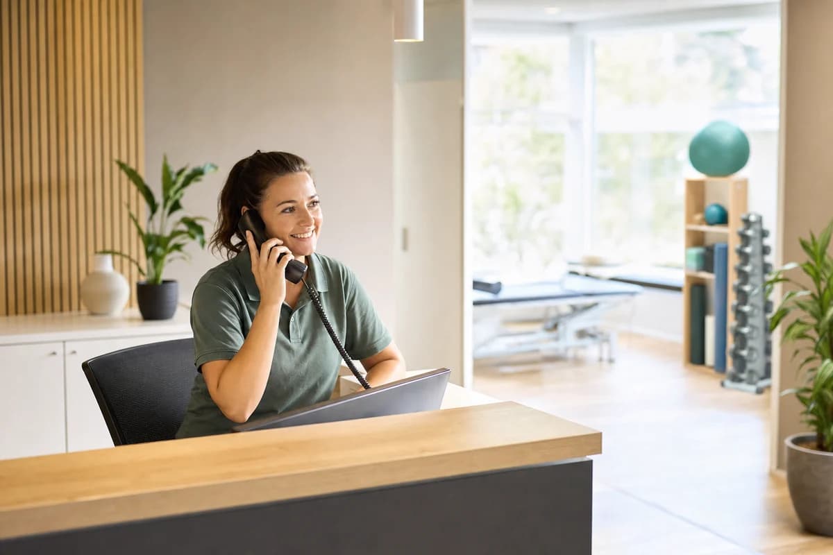 A practice coordinator answers a phone call at a physiotherapy reception