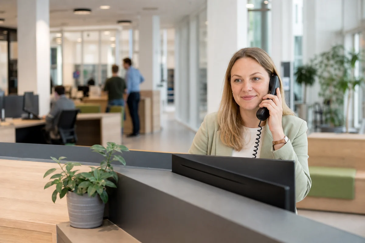 An employee answers a phone call at a modern public service desk