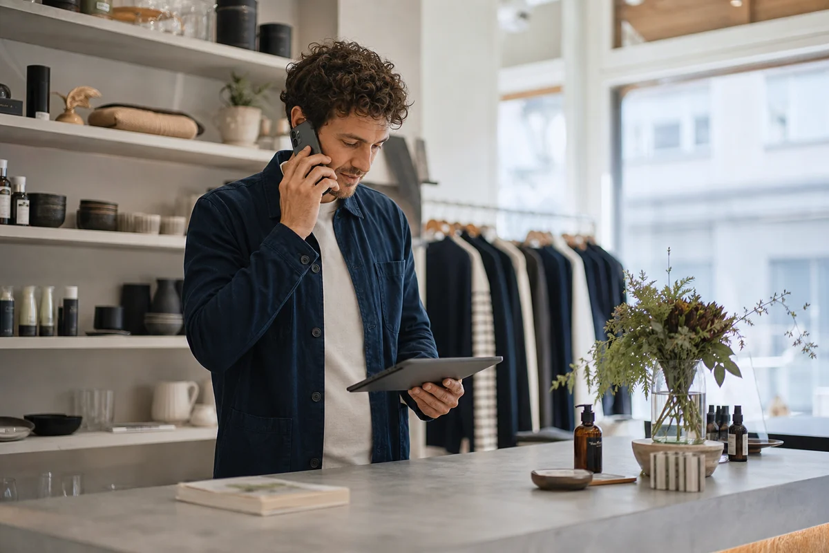 A retailer handles a customer enquiry by phone inside the store