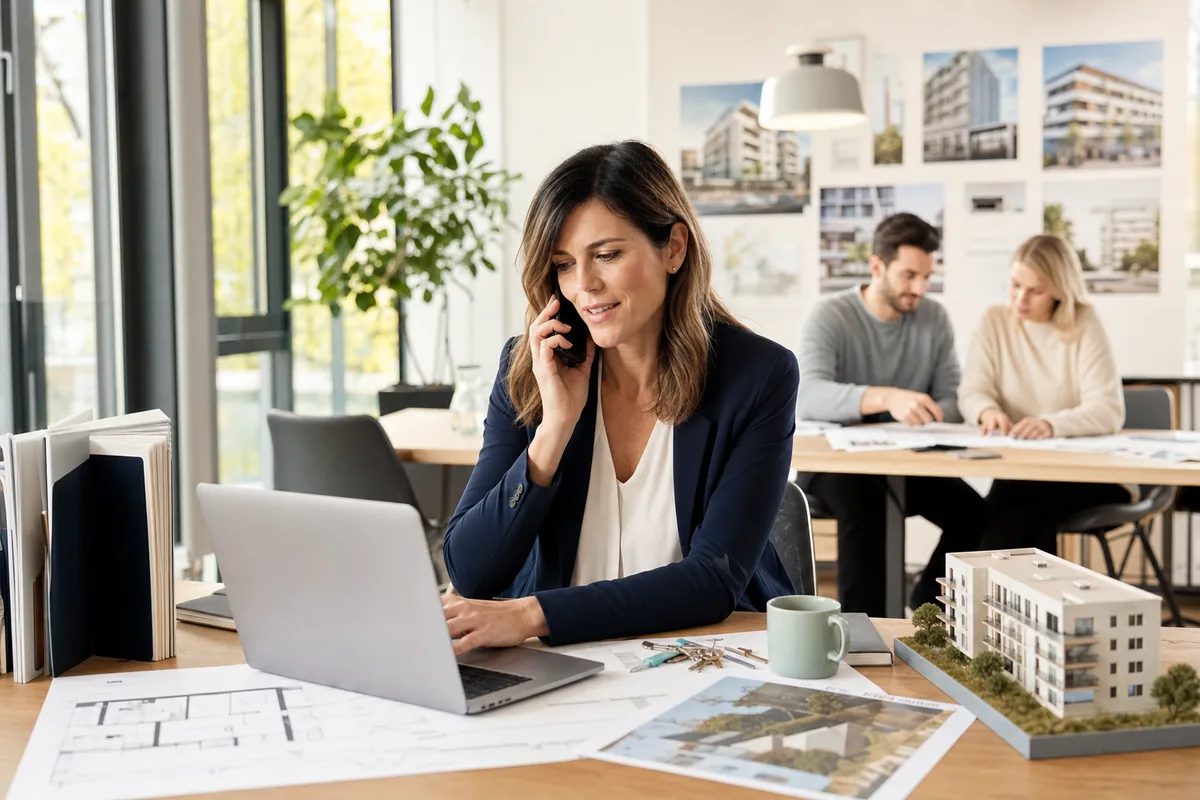 A property management employee speaks with a caller at her desk