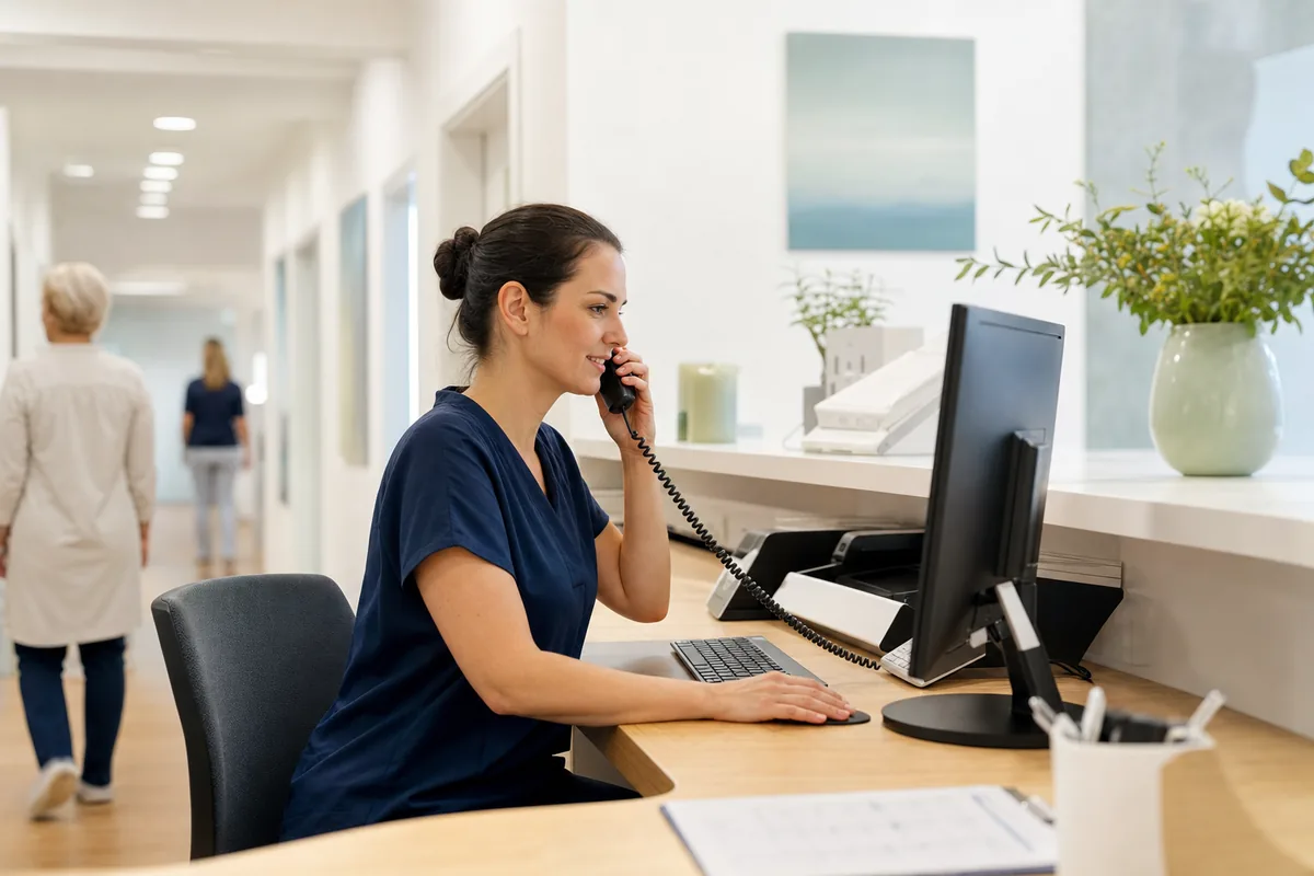 A medical practice employee answers a phone call at a bright reception desk