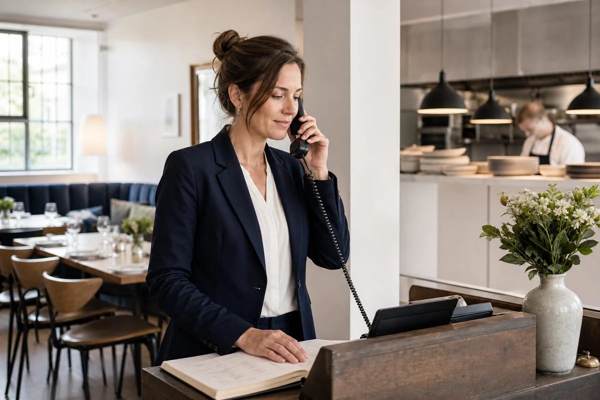 A restaurant host takes a reservation call at the front desk