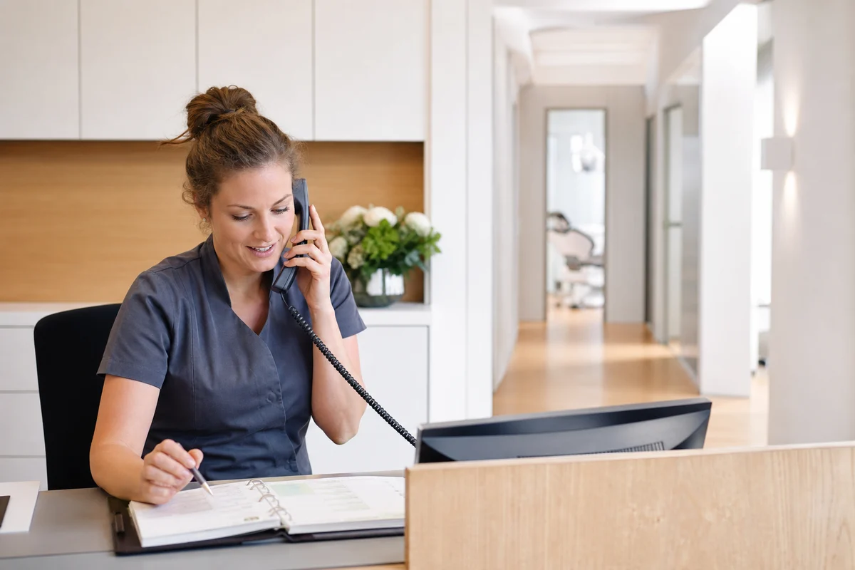 A team member coordinates an appointment by phone at a bright dental reception