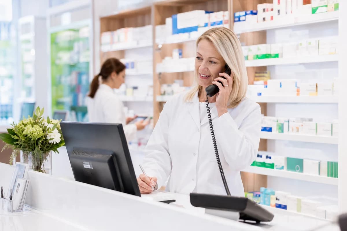 A pharmacist answers a customer call behind the consultation counter