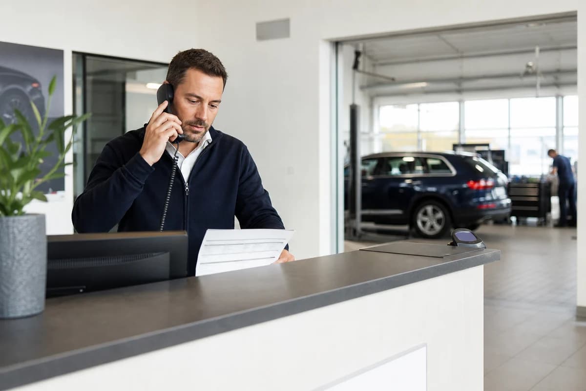 A service advisor answers a customer call at a car dealership reception