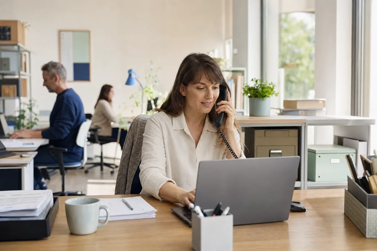 A service employee handles a phone enquiry in a bright office