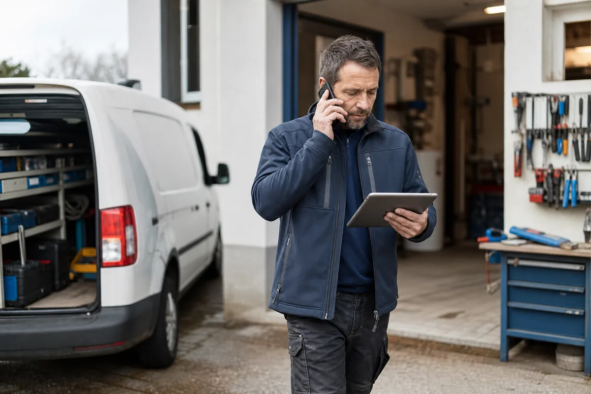 A tradesperson takes a service request by phone outside a workshop