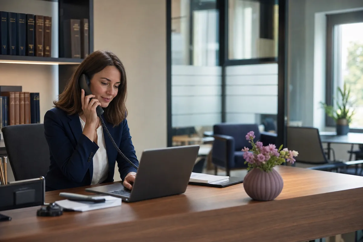 A professional services employee handles a phone enquiry at her desk