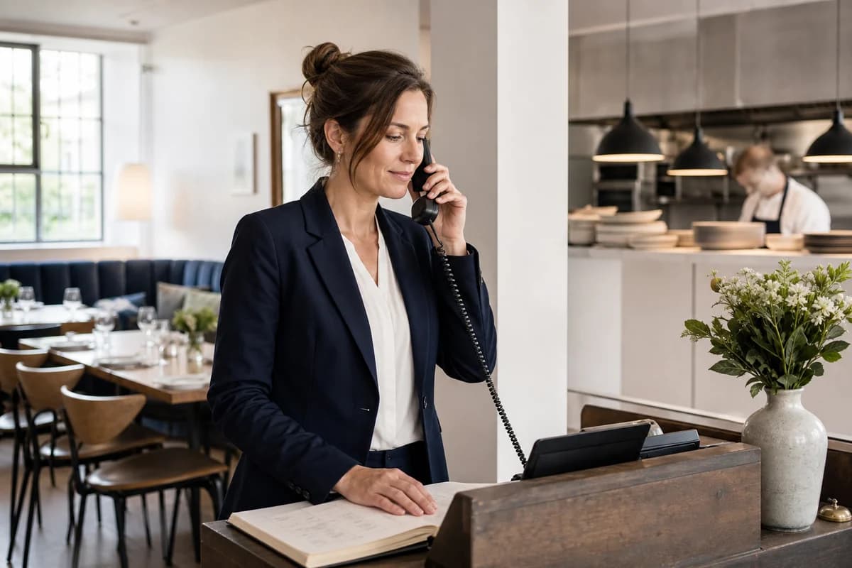 A restaurant host takes a reservation call at the front desk